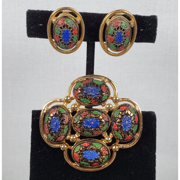 Sarah Coventry Jewelry - Vtg 1968 Sarah Coventry Light of the East Mosaic Brooch Clip Earrings Set MCM